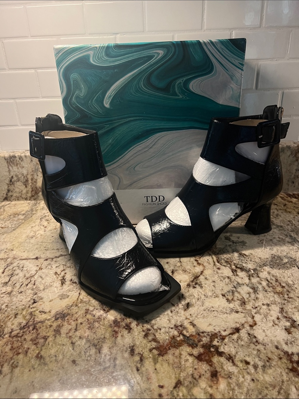 Black Cutout Block Heel Sandals
